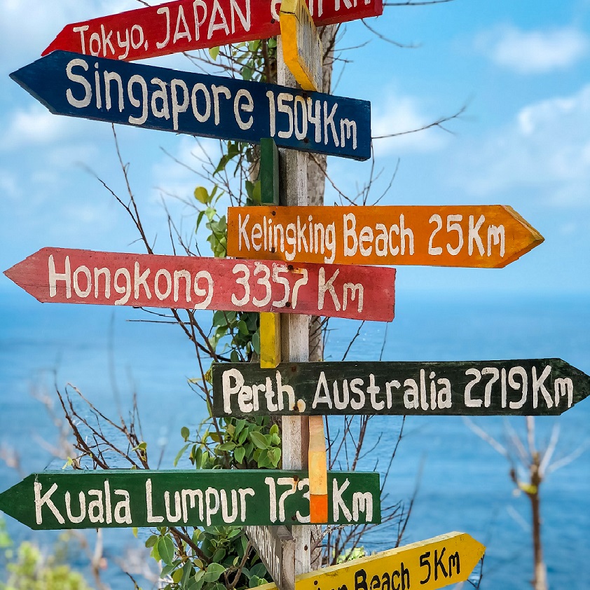 Sign post with mileage to many different cities, each city on a different arrow, different color