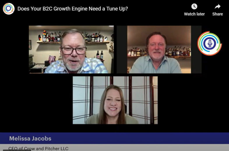 Does your B2C growth engine need a tune up? Zoom video images of 3 people talking, including Melissa Jacobs, CEO of Crow and Pitcher LLC
